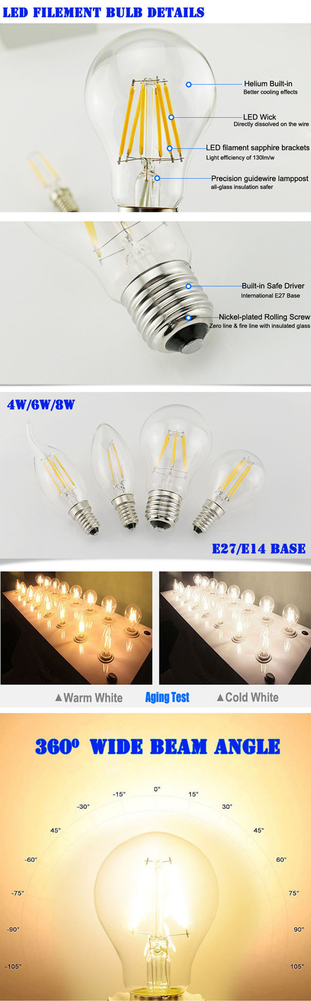 S14 tipo aprovação do CE do brilho alto do bulbo 2W 4W E26 E27 B22 do diodo emissor de luz do filamento